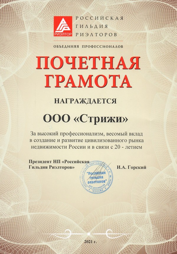 Почетная грамота Российской Гильдии Риэлторов (20 лет)